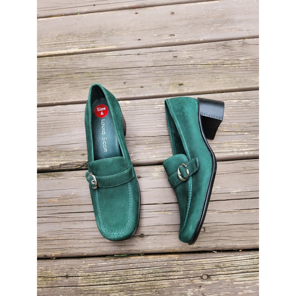 Vintage 90s Laura Scott Block Heel Loafers Emerald Green Suede Leather Buckle 6